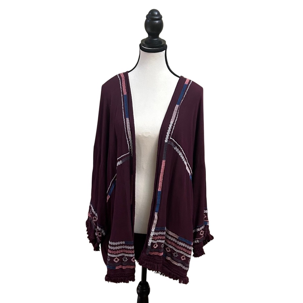Knox Rose Women's Size L Kimono Cardigan Open Front Embroidered Fringe Maroon